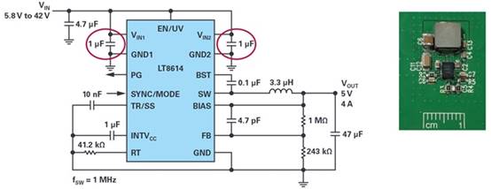 Figure 6. Typical Silent Switcher application schematic and how it looks on the PCB.